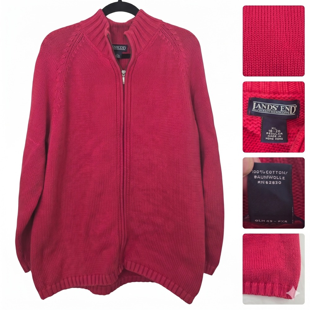 Vintage Lands End Full Zip Sweater XL Red Pink 100 Cotton Shaker Knit Made in HK